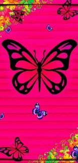 Vibrant pink background with butterflies and flowers