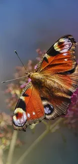 A vibrant butterfly with orange wings on a blurred floral background.