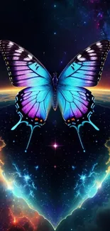 A vibrant butterfly set against a cosmic background for mobile wallpaper.