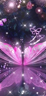 Vibrant purple butterfly with sparkling fireworks background.