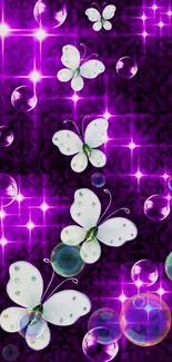 Vibrant purple wallpaper with butterflies and sparkles.