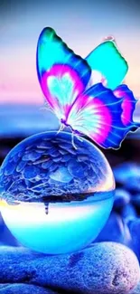 Vibrant butterfly on a reflective sphere with ocean background.