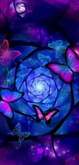 Vibrant purple butterfly spiral design wallpaper.