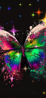 Colorful butterfly with vibrant paint splashes on a dark background wallpaper.