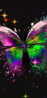 Vibrant butterfly with colorful splash art on black background.