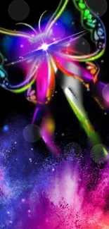 Colorful butterfly with neon explosion effect on black background.