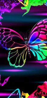 Vibrant butterfly with neon colors on a black background, splashing paint effect.