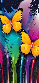 Vibrant yellow butterflies with colorful paint splashes background.