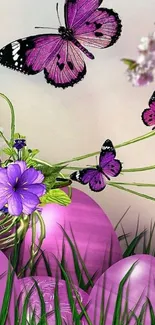 Purple butterfly and floral spring wallpaper design.