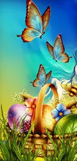 Vivid scene with butterflies and Easter elements.