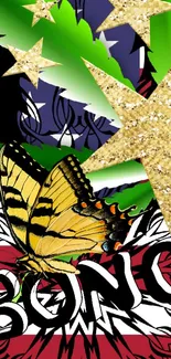 Colorful wallpaper with butterfly, stars, and leaves.