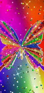 Vibrant butterfly with rainbow stripes on a starry background.