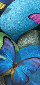 Vibrant butterflies on textured stones wallpaper.