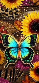 Vibrant butterfly with sunflowers and glitter on a textured background.