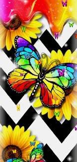 Colorful butterfly and sunflower wallpaper with zigzag pattern.