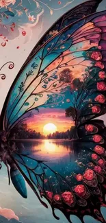 Vibrant butterfly art with a sunset view.