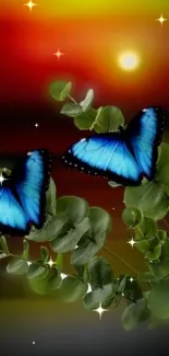 Blue butterflies and green leaves against a vibrant sunset background.