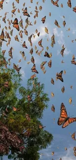 Swarm of monarch butterflies in the sky with trees, vibrant and nature-inspired.