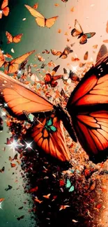 Colorful butterflies in dynamic swirl wallpaper.