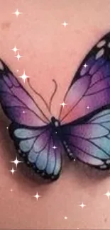 Stunning purple and blue butterfly tattoo on skin background.