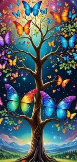 Vibrant tree with colorful butterflies under a starry sky.