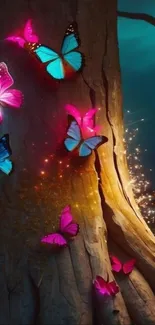 Vibrant butterflies glowing on a tree trunk, creating a magical effect.