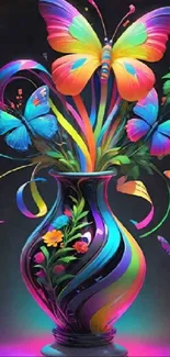 Colorful butterflies in a vibrant vase wallpaper.