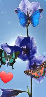 Blue butterflies and flowers on a vibrant nature-themed wallpaper.