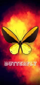 Vibrant yellow butterfly with a fiery red smoky background.