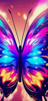 Vibrant neon butterfly with colorful wings on abstract background.