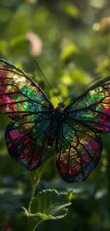 Vibrant butterfly with iridescent wings in lush green environment.