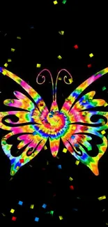 Psychedelic butterfly with vibrant colors on black background.