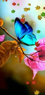 Vibrant blue butterfly resting on pink flowers with a blurred background.