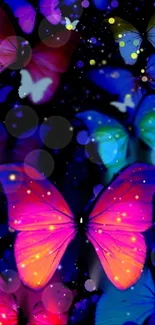 Vibrant butterflies with neon glow on a dark background.