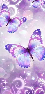 Purple butterfly wallpaper with elegant, swirling floral designs.