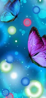 Colorful butterflies with a dreamy blue background.