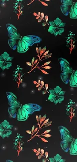 Blue butterflies and floral design on black background.