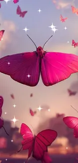 Vibrant pink butterflies in flight on a dreamy sky background.