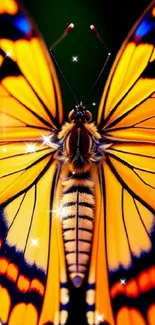 Close-up of a vibrant orange butterfly with black patterns on a mobile wallpaper.