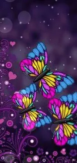 Colorful butterflies on a purple background.