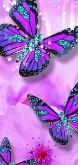 Vibrant purple and blue butterflies on a pink floral background.