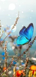 Blue butterfly on wildflowers in a vibrant nature scene.