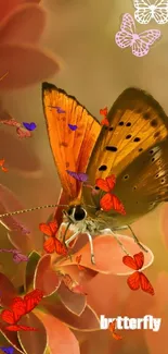 Orange butterfly on branch with autumn leaves