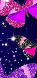 Colorful butterfly wallpaper with glitter and stars on a blue background.