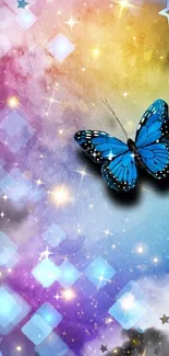 Blue butterfly on colorful starry background wallpaper.