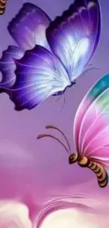 Vibrant butterflies in purple hues on mobile wallpaper.