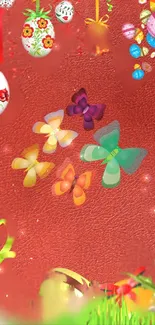 Colorful butterflies on a red textured background with floral accents.