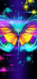 Colorful butterfly with glowing effects on dark mobile wallpaper.