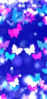 Vibrant butterfly wallpaper with colorful butterfly designs on a blue background.