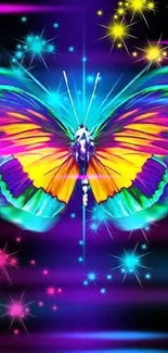 Vibrant butterfly with neon colors and sparkles on a black background.